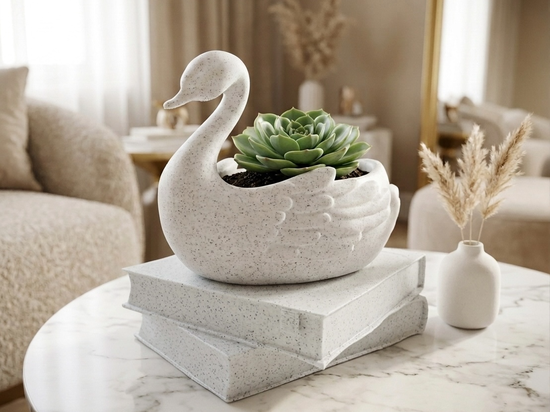 Elegant Swan Planter with Stacked Books