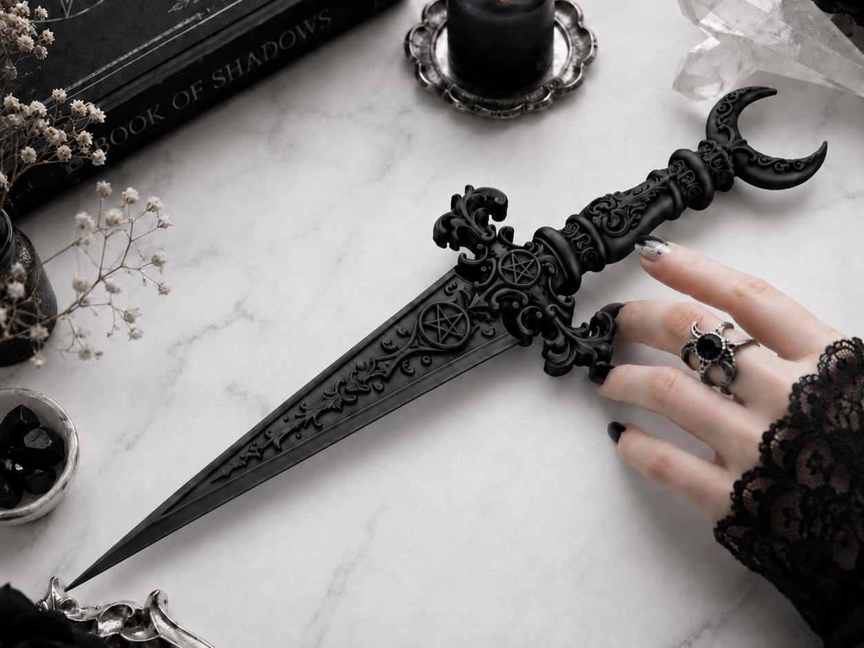 Goth Moon Pentacle Ornate Athame Dagger Decor - 1