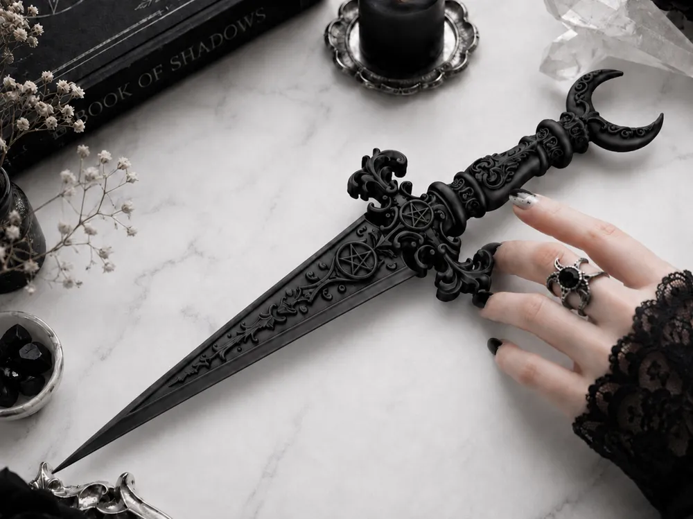 Estante o repisa: Goth Moon Pentacle Ornate Athame Dagger Decor. Referencia del modelo original.