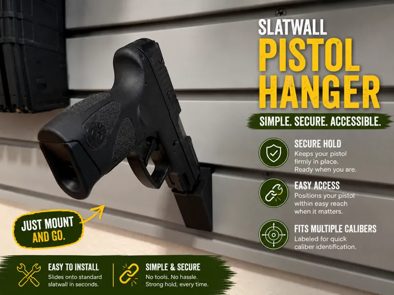 Slatwall Pistol Hanger – Labeled Multi-Caliber