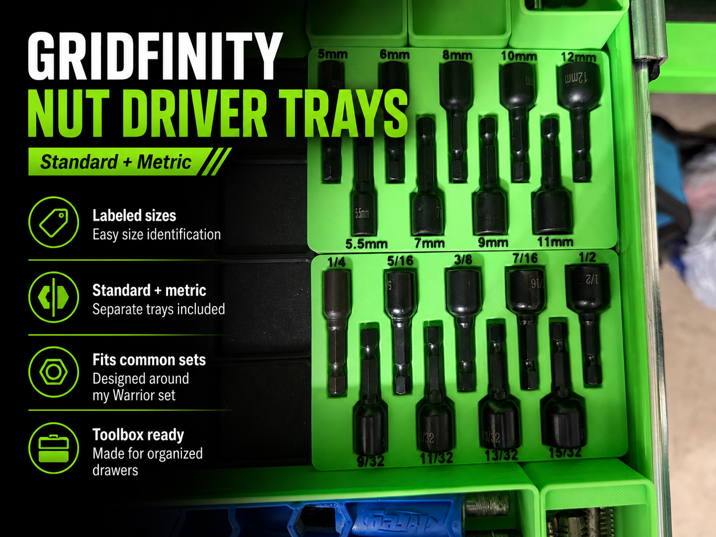 Gridfinity Standard & Metric Nut Driver Trays