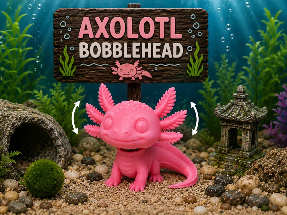 Letrero o emblema decorativo: Axolotl Bobblehead. Referencia del modelo original.