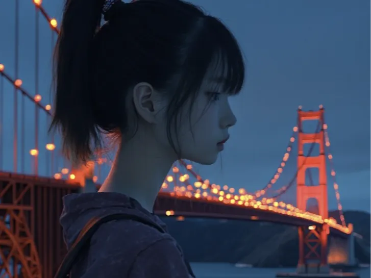 Japan girl thinking next to bridge - anime project