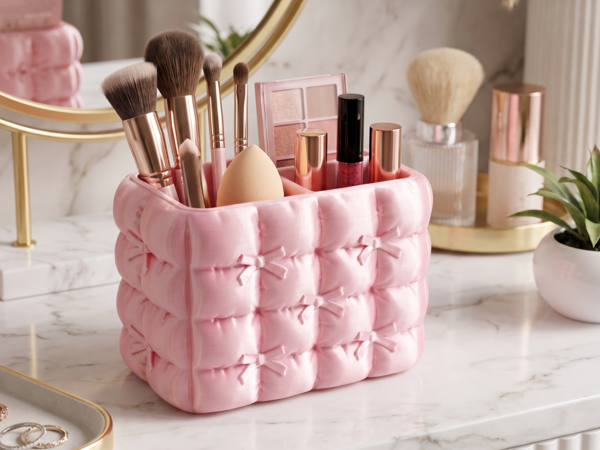 Aesthetic Quilted Bow Makeup Organizer Brush Hold