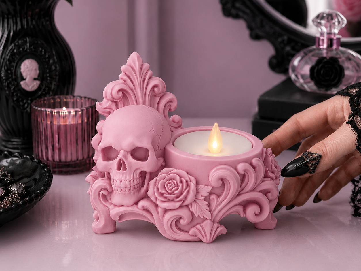 Goth Skull Rose LED Tealight gothic Holder - 1