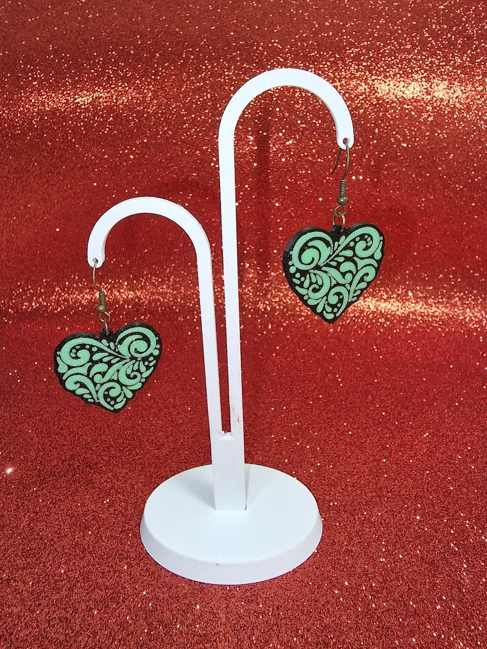 Green heart earrings view 2