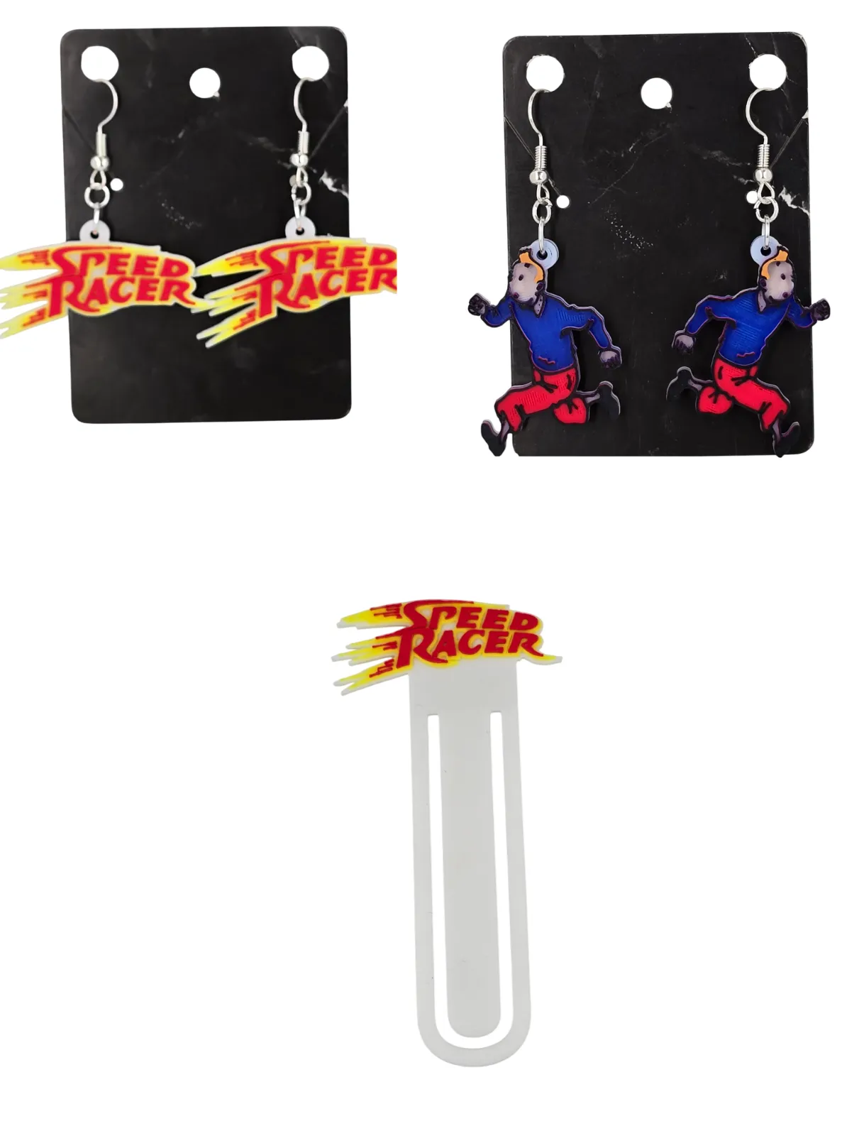 Speed Racer and Tin Tin Bookmark and earrings view 3