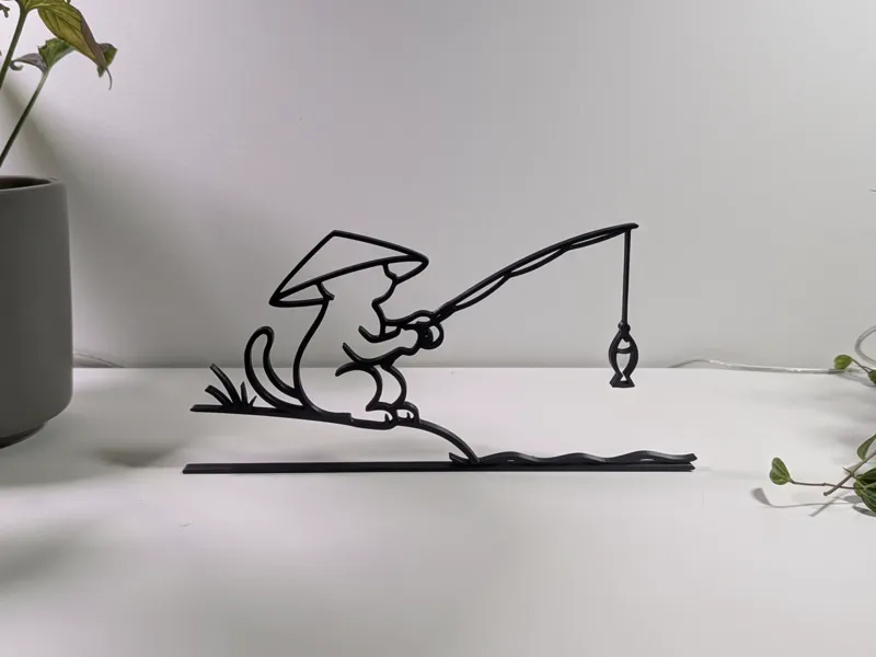 Cat Fishing Riverbank Decor Desk Table 2D Line Art