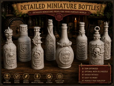 Figura decorativa: Detailed Miniature Fantasy Bottles — referencia de MakerWorld