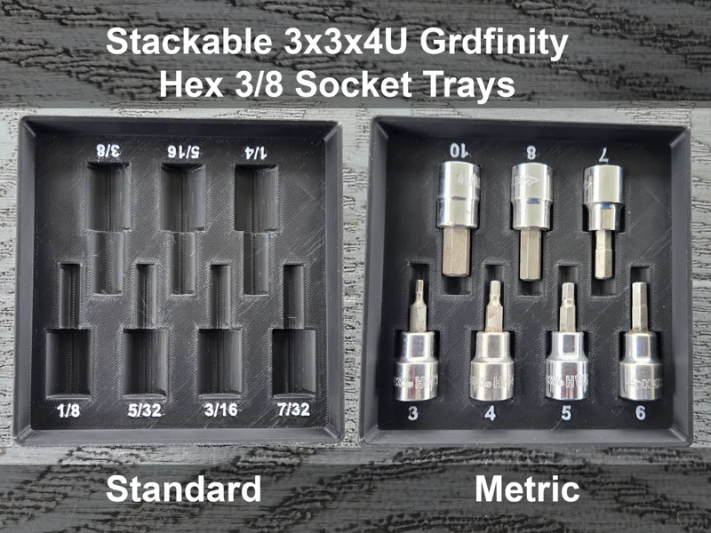 Gridfinity Stackable 3/8 Hex Socket Trays 3x3x4U