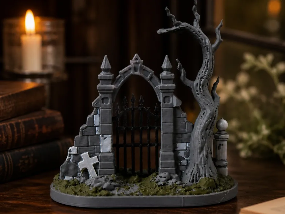 Figura decorativa: Gothic Cemetery Gate – Halloween sculpture decor. Referencia del modelo original.