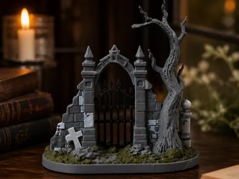 Figura decorativa: Gothic Cemetery Gate – Halloween sculpture decor — referencia de MakerWorld