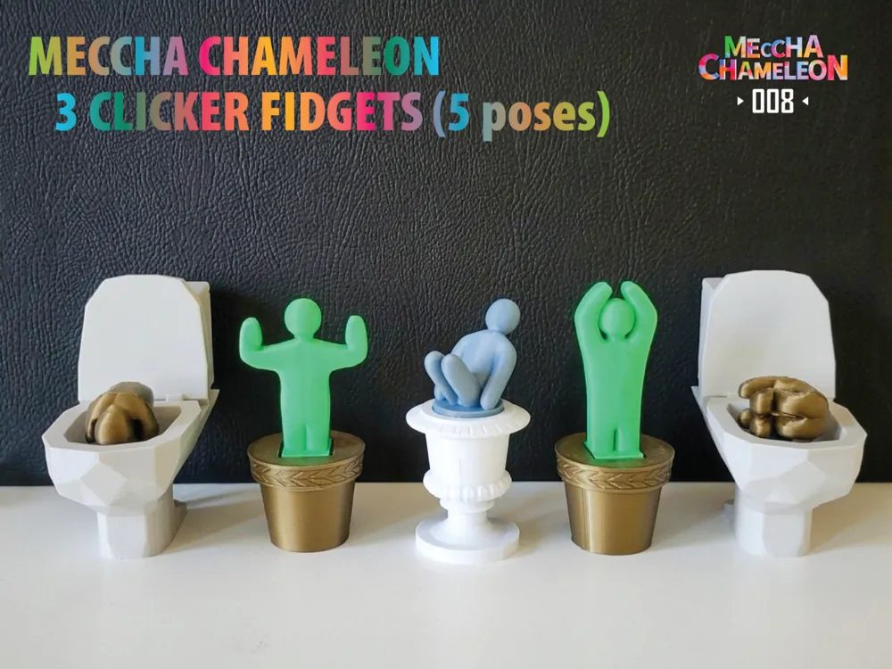 Objeto manipulable: Meccha Chameleon 3 clicker fidgets (no AI). Referencia del modelo original.