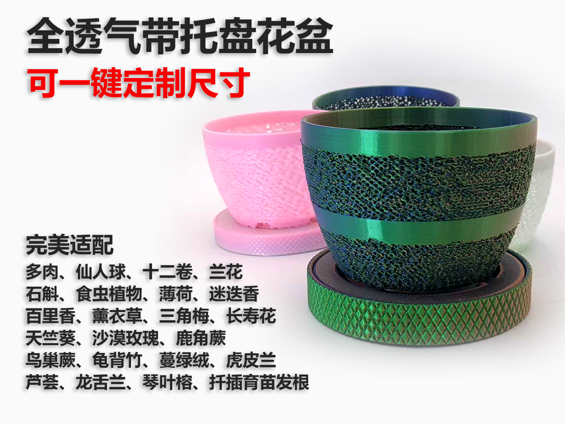 Miniatura 1 do modelo 3D 360° 全透气网纹花盆防闷根 带托盘 可定制 多肉兰花食虫植物薄荷扦插育苗通用防烂根专用