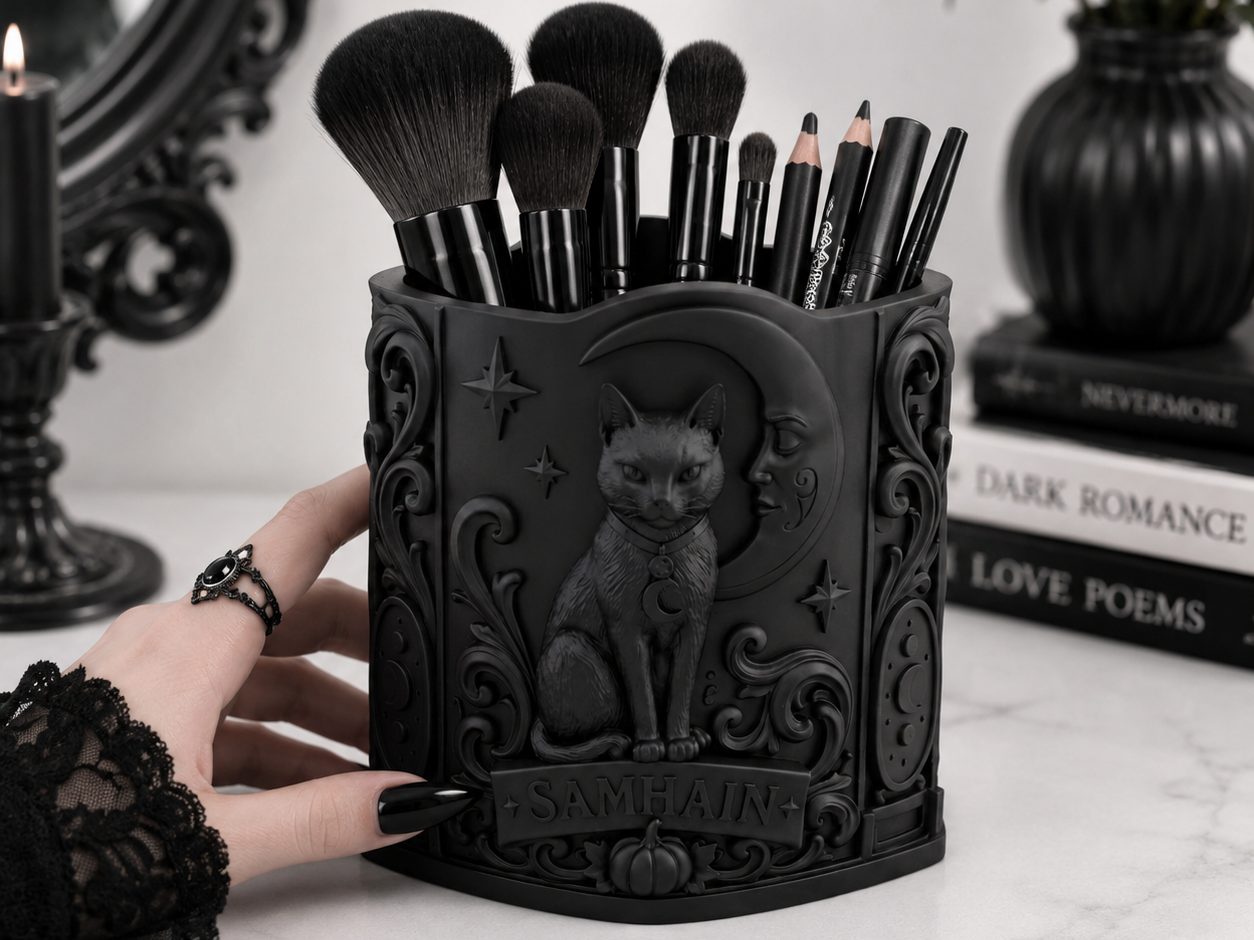 Goth Halloween Samhain Cat Moon Brush Organizer - 1