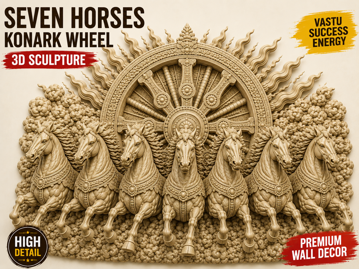 Seven Horses Konark Wheel Wall Mural|3D Sculpture