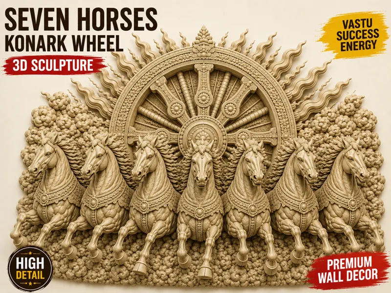 Seven Horses Konark Wheel Wall Mural|3D Sculpture