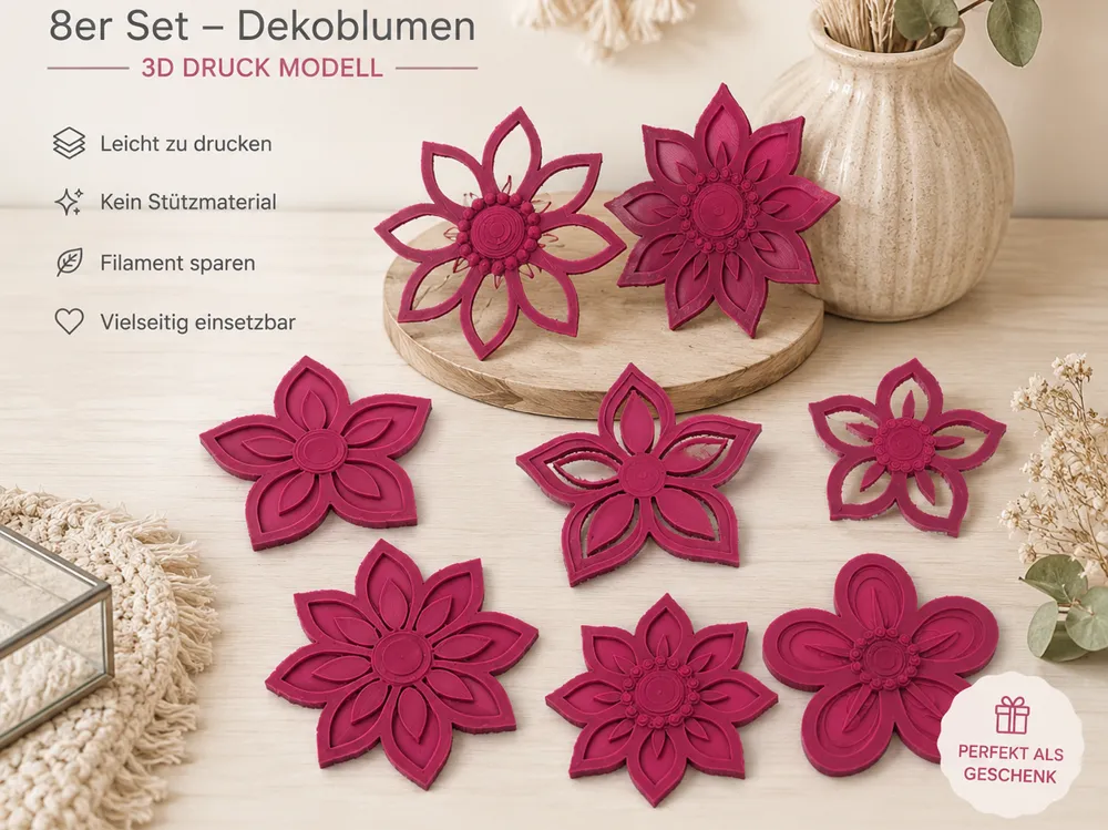 Modelo para impresión 3D: Blumen Set – 8 wunderschöne 3D-Druck Deko Blumen. Referencia del modelo original.