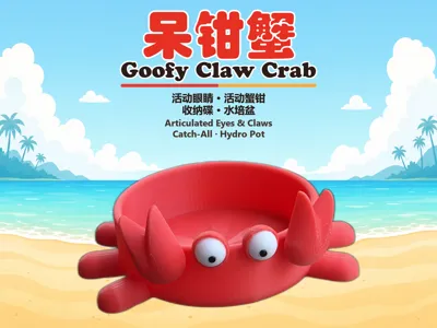 Clumsy Pincer Crab - Articulated Eyestalks and Claws - Cartoon Storage Dish/Hydroponic Pot - Separate parts, no AMS needed