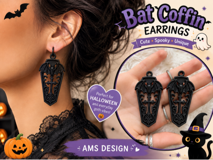 Gothic Bat Coffin Earrings 3D model