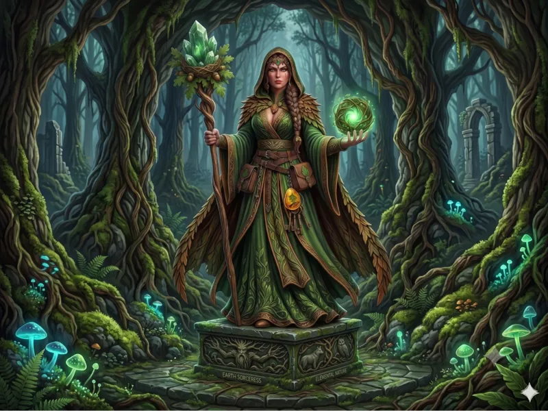 Standing Earth Sorceress with Crystal Staff