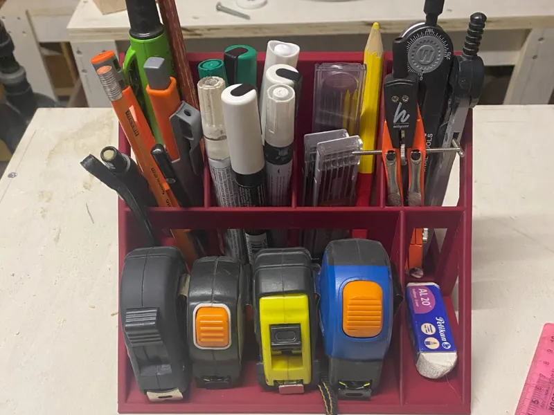 Contains pencils, accessories and measuring tapes