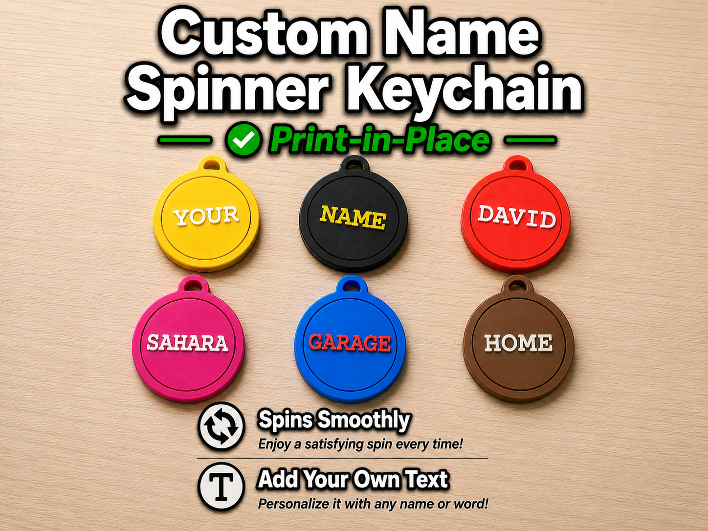 Custom Name Spinner Keychain | Print-in-Place