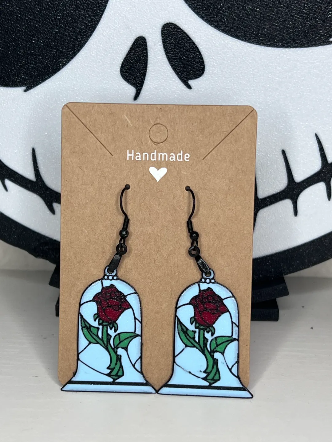 Beauty and the beast rose stained glass earrings view 2