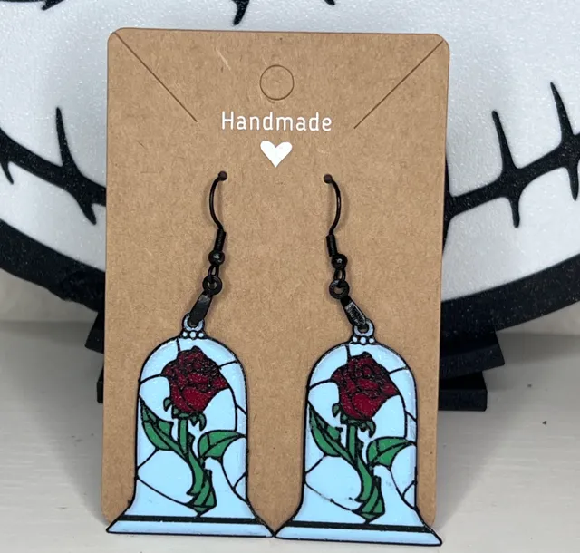 Beauty and the beast rose stained glass earrings