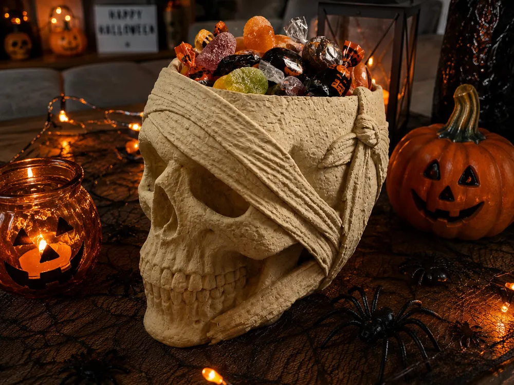 Adorno temático: Mummy Skull Candy Bowl – Halloween Treat Bowl. Referencia del modelo original.