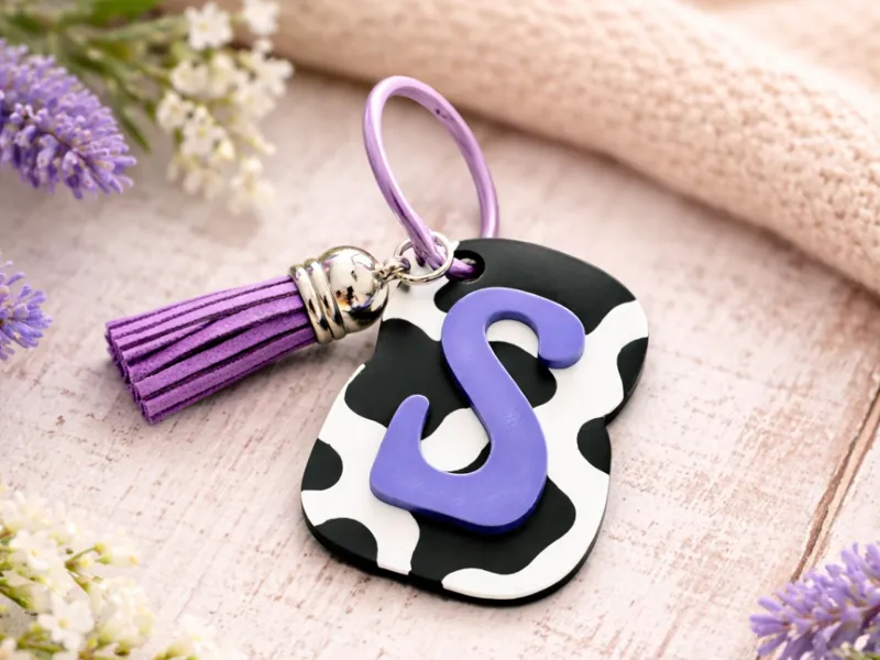 Cow Print Initial Keychain (Commercial)