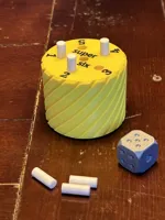 Threaded Container, Dice, and Sticks on separate plates