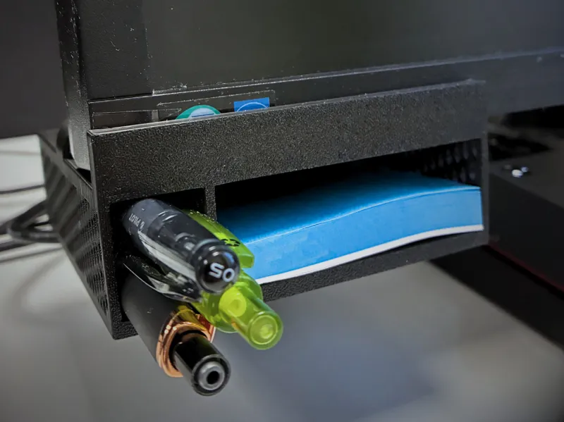 Pen and note holder for mounting under the screen