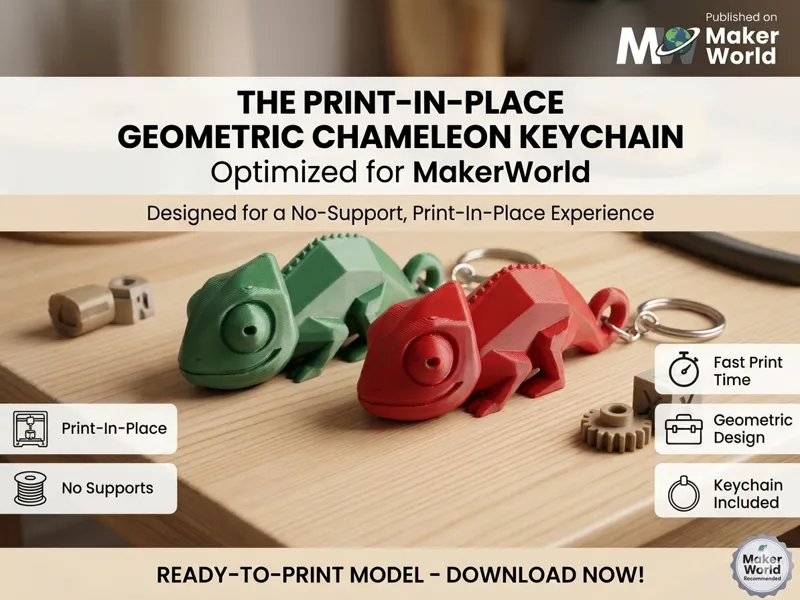 Geometric Chameleon Keychain  Print-in-Place  