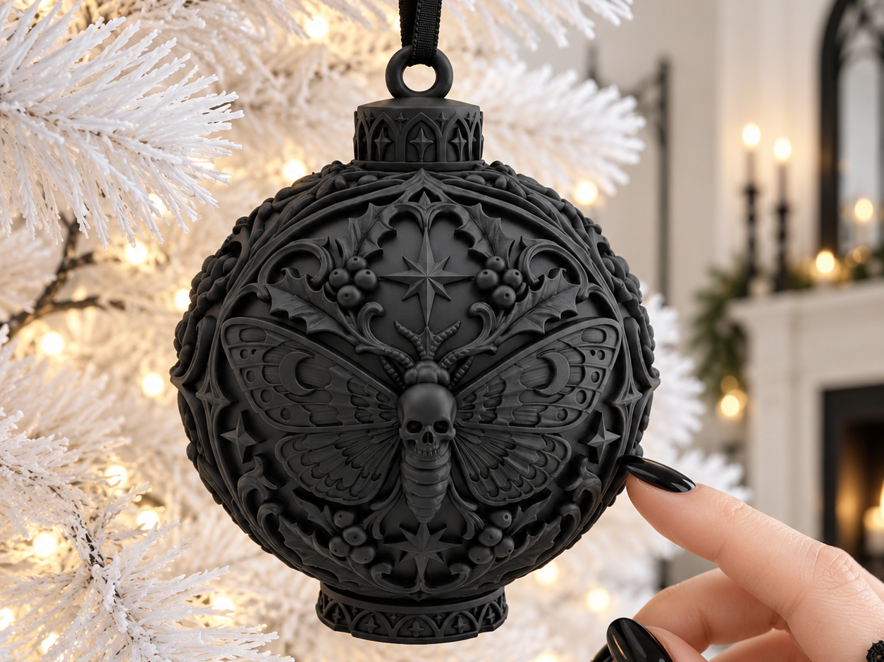 Goth Christmas Yule Death Moth Skull Ornament - 1
