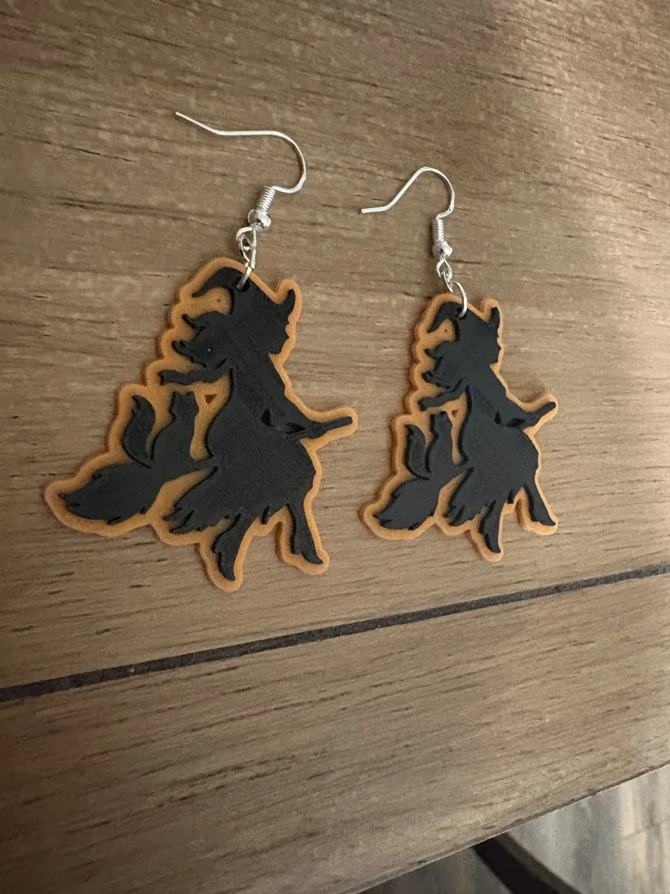 Witch and Cat on a Broom Halloween Earrings view 2