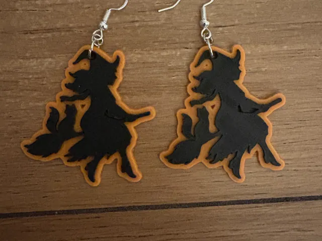 Witch and Cat on a Broom Halloween Earrings