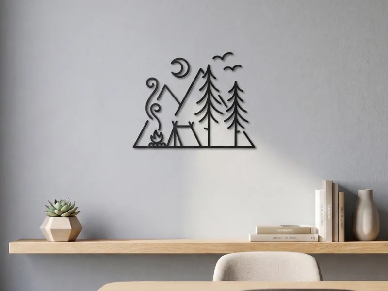 Minimalist Campfire & Mountains 3D Wall Art