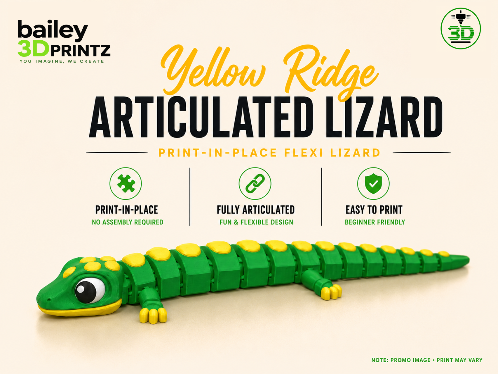 Yellow Ridge Articulated Lizard (print-in-place)