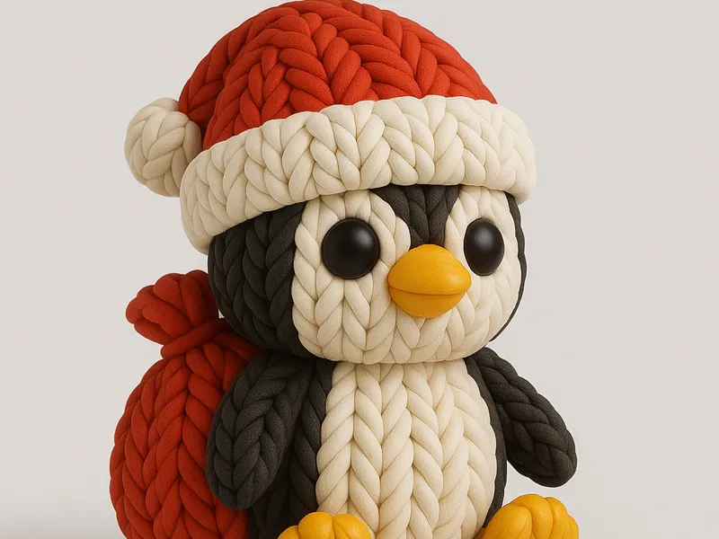 Knitted Christmas Penguin with Gift Bag Cute 