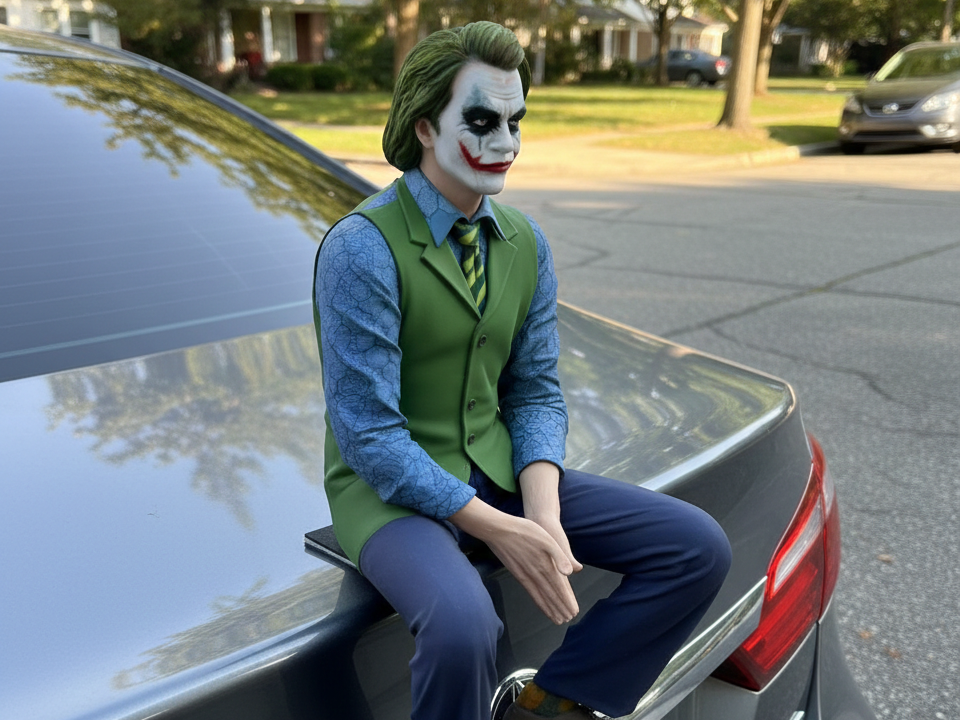 Joker sitting on rear trunk lid or shelf 
