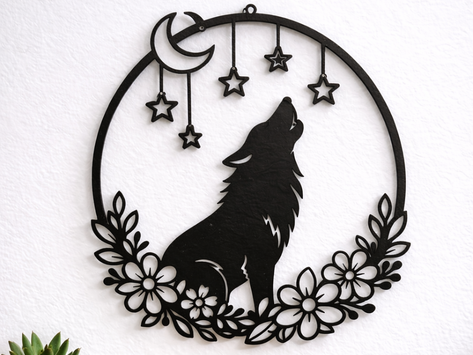 2D Wanddeko Mystisches Wolf-Design Mond Wand Deko