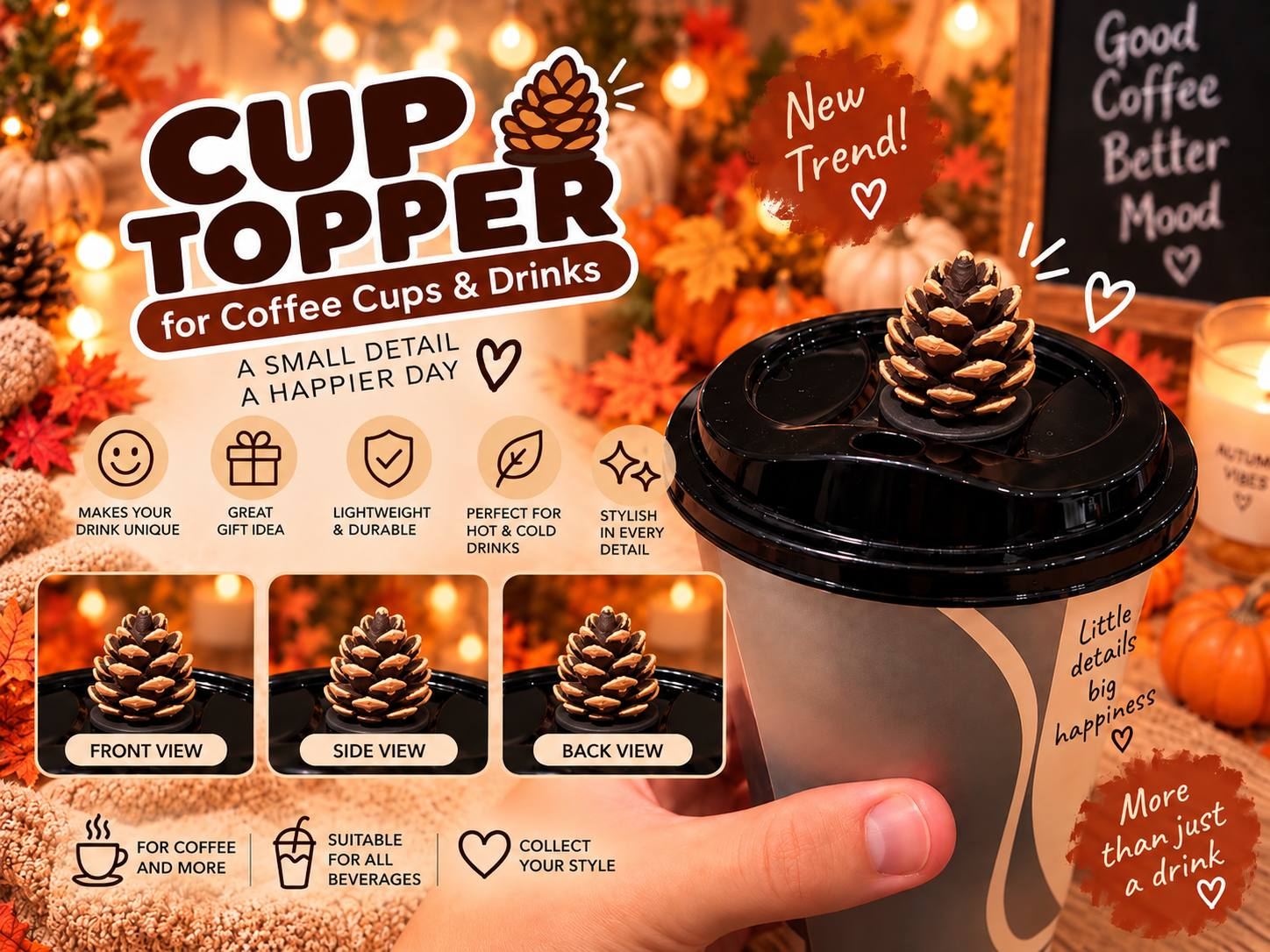 Cute Pine Cone Coffee & Drink Cup Lid Topper - 1