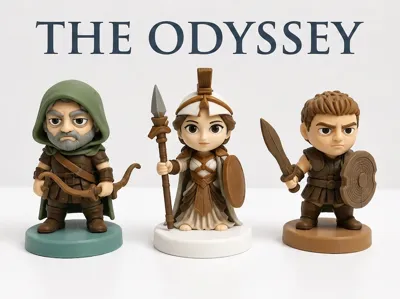 Action figures of Odysseus, Athena, and Achilles