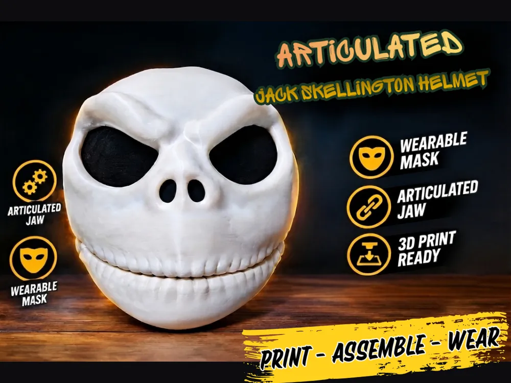 Pieza para disfraz o exhibición: Articulated Jack Skellington Helmet / Mask. Referencia del modelo original.