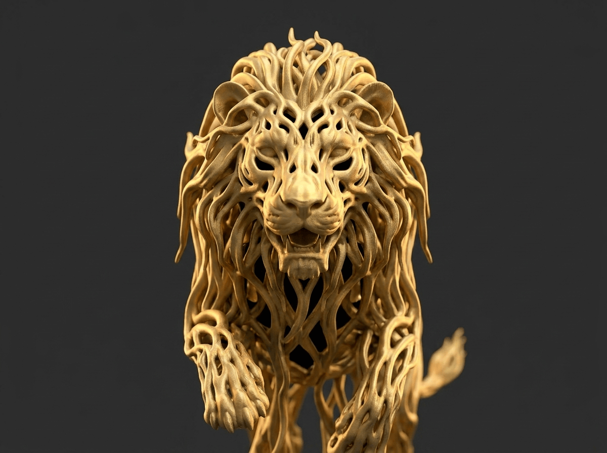 Majestic Wireframe Leaping Lion Sculpture (GOLD)