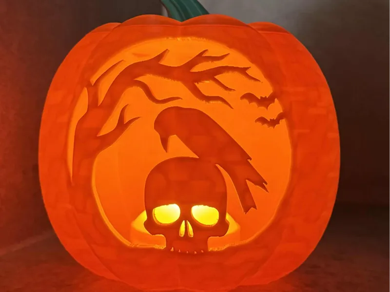 Raven on skull pumpkin carving