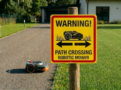 Warning Sign: Robotic Lawn Mower Crossing