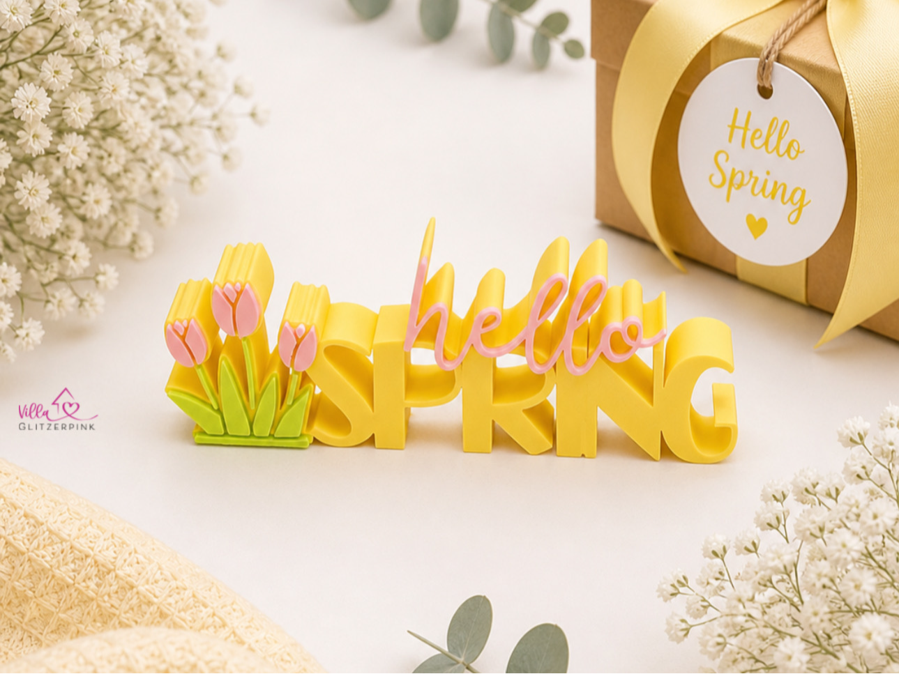 Schriftzug hello Spring Tulip