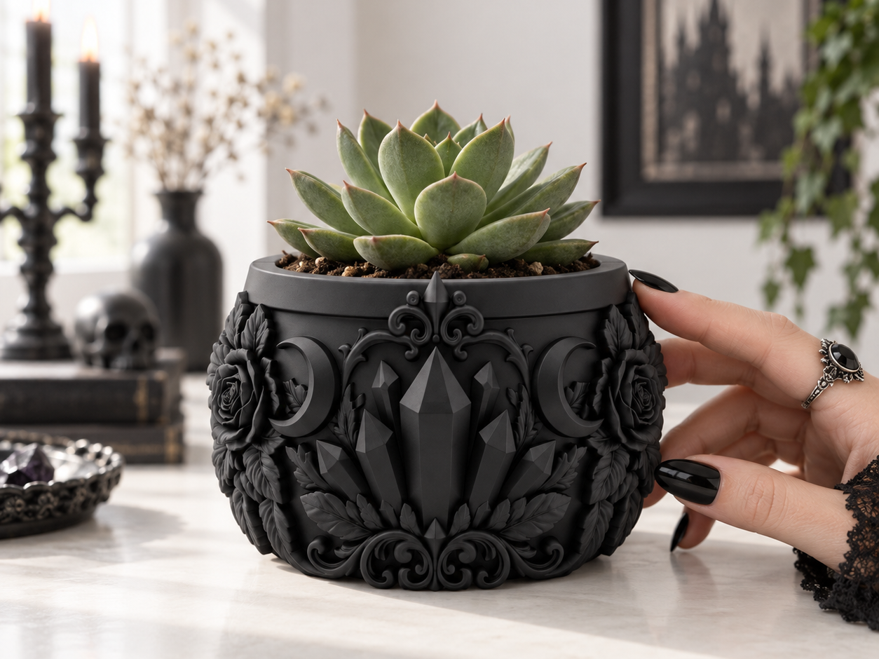 Goth Moon Crystal Rose Succulent Planter Decor - 1